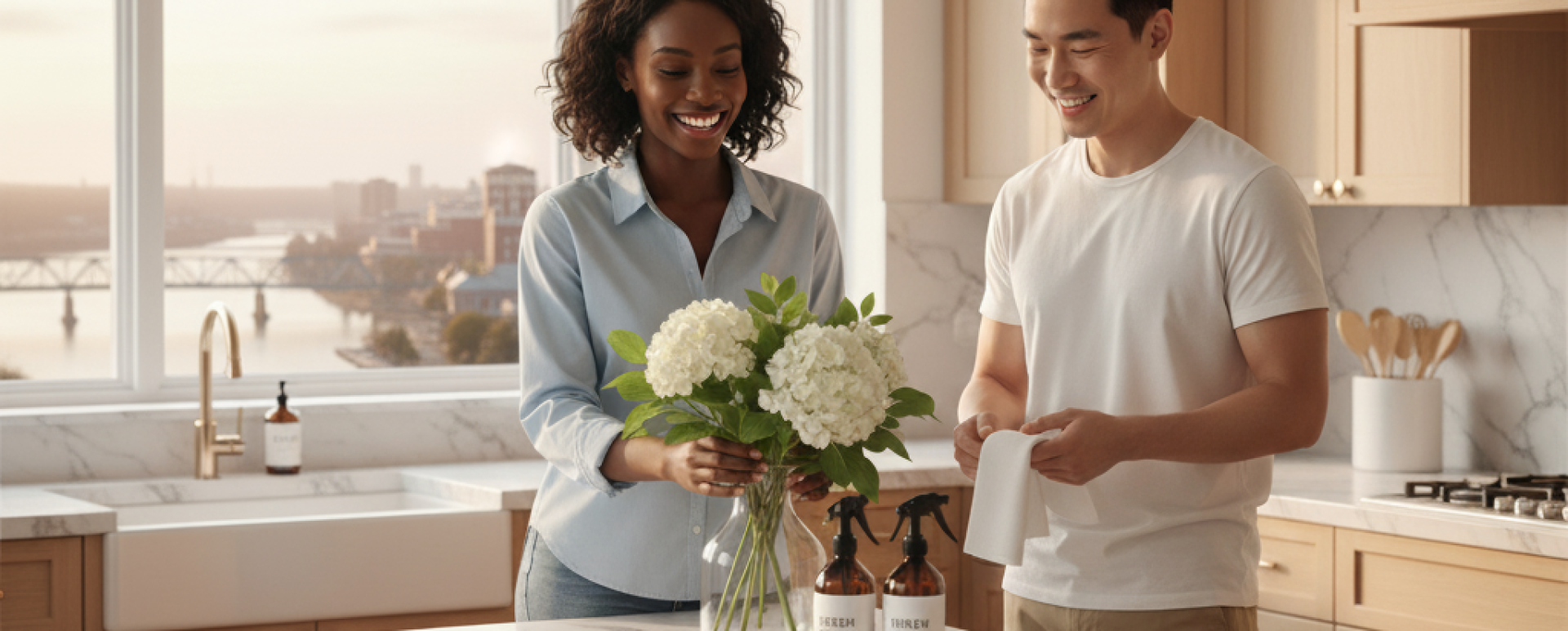 Stylish kitchen interior featuring decorative candles and orchids on a countertop.